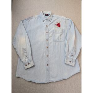 Won's Wear VTG MED Womens Denim Button Down Shirt Embroidered Red Cardinal Bird